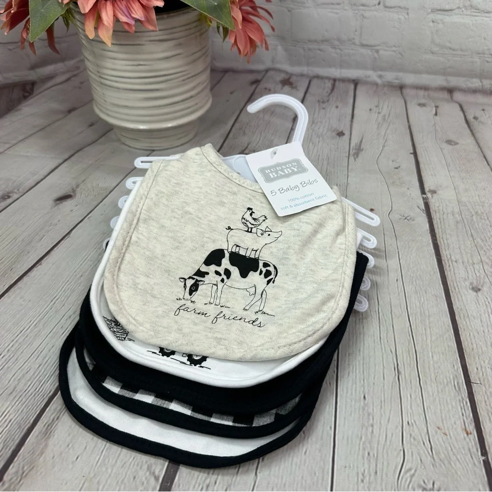 NWT Hudson Baby 100% cotton Bibs farm friend homestead pk of 5 farm house